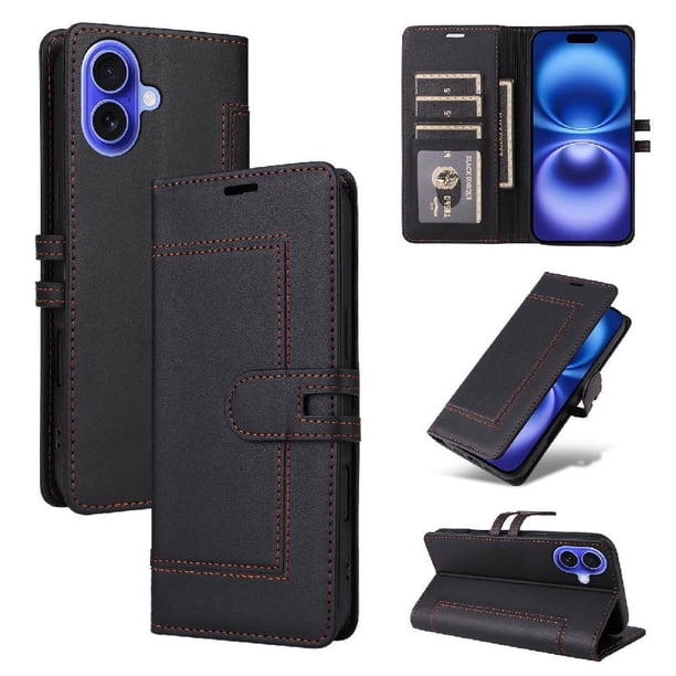 Premium Wallet Case for iPhone 16 Plus with Card Slots & Kickstand, Flip Cover Black