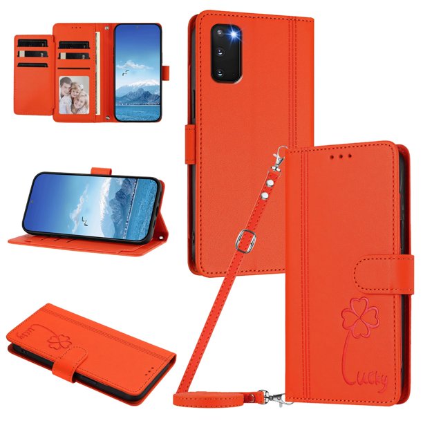 Funda Cartera Trébol para Samsung Galaxy S20 con Ranuras Tarjetas y Carga Inalámbrica Naranja