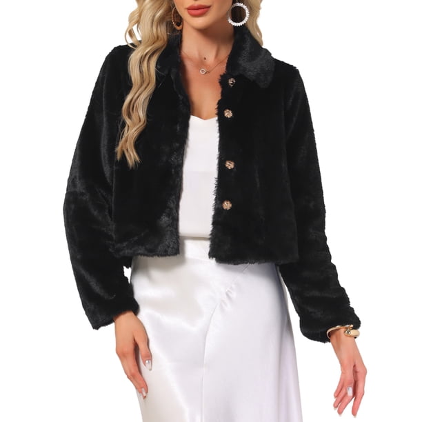 INSPIRE CHIC Abrigo elegante de piel sintética para mujer con botones a presión recortados para bodas de invierno XS Negro