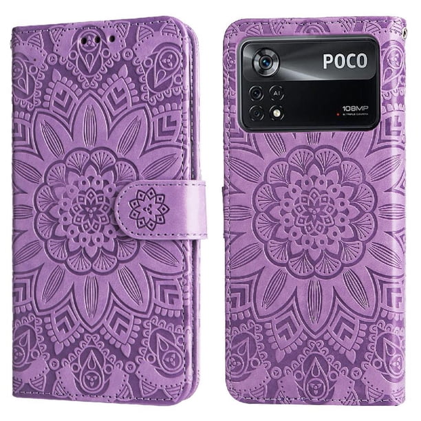 Funda tipo cartera FOXDOCK para Xiaomi Poco X4 Pro 5G , diseño girasol en relieve, cuero PU, cierre magnético, soporte y tarjetero