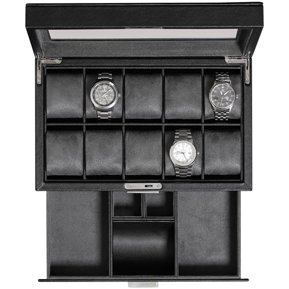 Caja de relojes ROTHWELL de 10 ranuras, cuero negro/gris