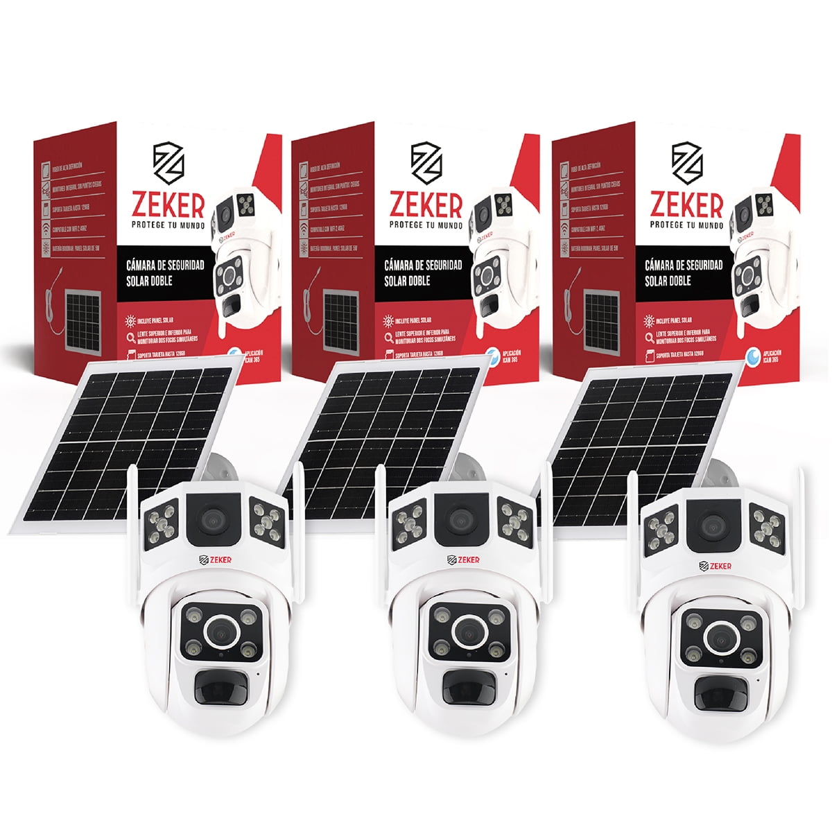 Camara De Seguridad Solar Vigilancia Doble Zeker 3mp Pack X3