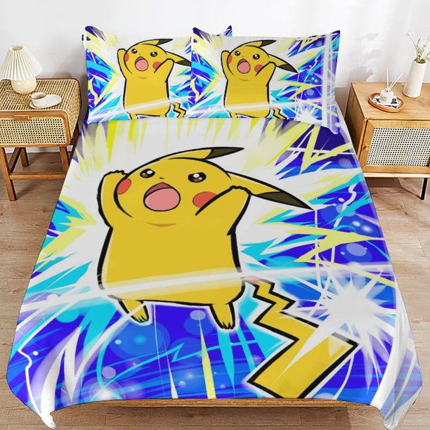 Pi-ka-chu Bed Duvet Cover Microfiber Bedding Sets 3D Printed Lightweight 3 Piece Comforter Sets for Kids Boys Girls