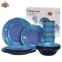 Chefchoice - Set 16 Pcs Juego De Vajilla Completo Melamina Ecologico Azul Azul Esmalte Craquelado