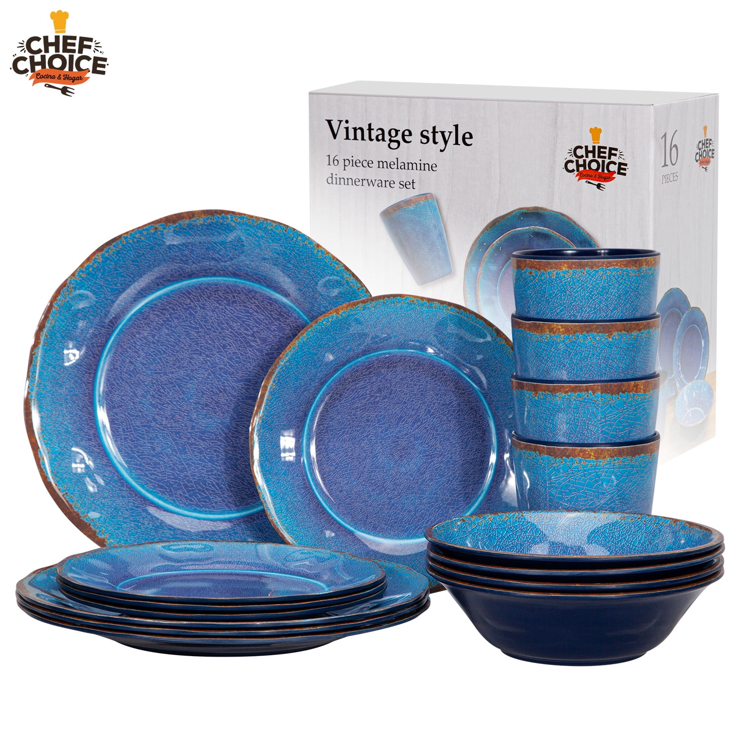 Chefchoice - Set 16 Pcs Juego De Vajilla Completo Melamina Ecologico Azul Azul Esmalte Craquelado