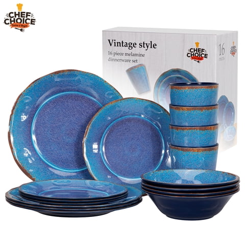 Chefchoice - Set 16 Pcs Juego De Vajilla Completo Melamina Ecologico Azul Azul Esmalte Craquelado
