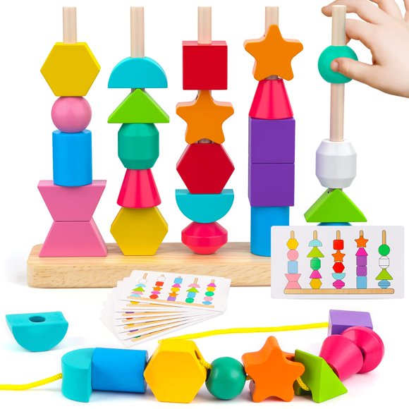 Juego de juguetes Montessori de cuentas de madera para secuenciar, apilar y atar