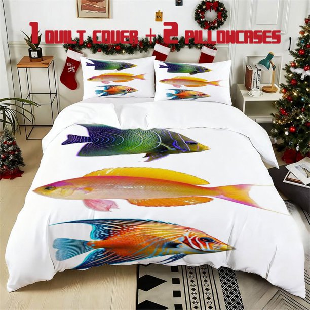 3pcs Three Fish Printed Bedding Set Soft Duvet Cover with 2 Pillowcases All Season Comfort