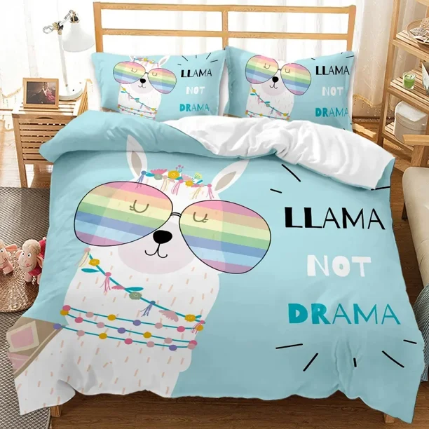 v2340 Bed Sheets Alpaca Duvet Cover Boys Girls Alpaca with Headphones Duvet Cover Cartoon Alpaca Polyester Comforter Cover Double Queen King Size 3-Piece Bedding Set (1 Duvet Cover + 2 Pillow Shams) B