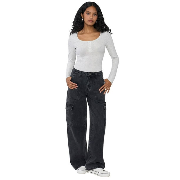 Jeans Mujer Straight Fit Cargo Negro Corona