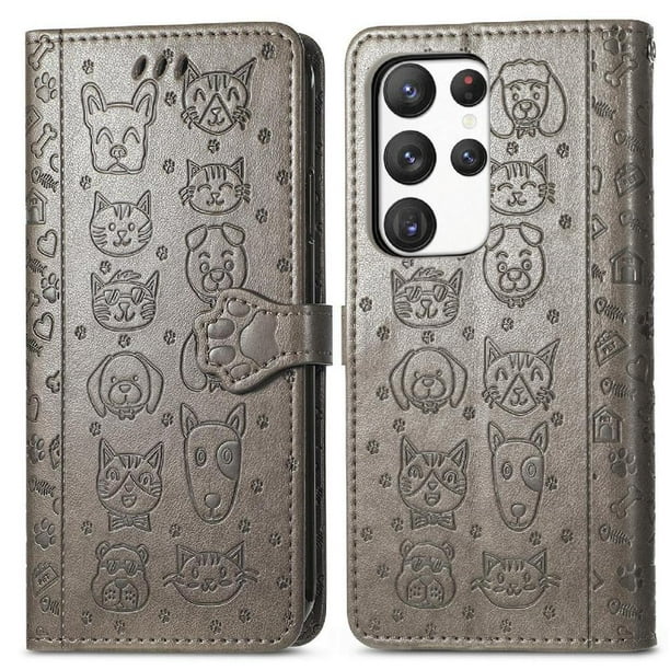 Funda Cartera FOXDOCK para Samsung Galaxy S23 Ultra , Flip PU con Relieve de Gatos y Perros, Tarjetero y Soporte