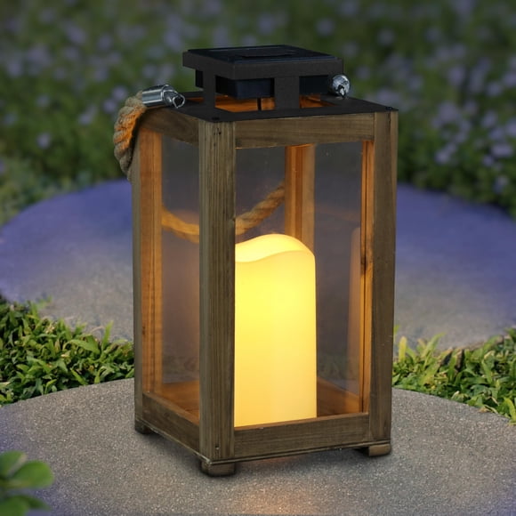 Linterna Solar de Jardín Exhart con Madera, Vidrio y Vela LED 13 cm