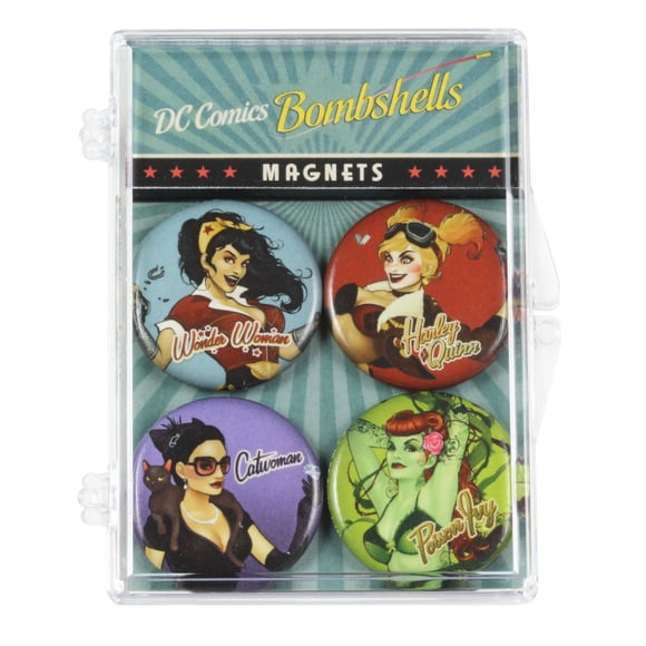 Magnets The Coop DC Comics Bombshells, paquete de 4 unidades, Wonder Woman, Cat Woman, Harley Quinn y Poison Ivy