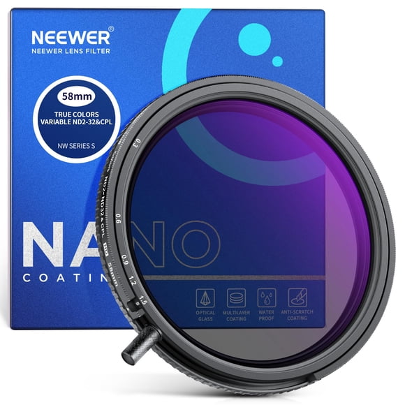 Filtro NEEWER de 58 mm con colores verdaderos variables ND2-ND32 y CPL