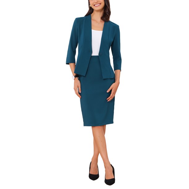INSPIRE CHIC Traje de 2 Piezas para Mujer Conjunto de Ropa de Maestra para Regreso a Clases Blazer sin Cuello de Manga 3/4 Falda Lápiz de Cintura Alta Conjuntos de Trabajo Azul Lago L
