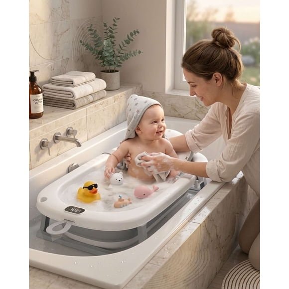 Bañera Plegable Gris para Bebé con Termómetro Digital y Cojín de Soporte Estrellas