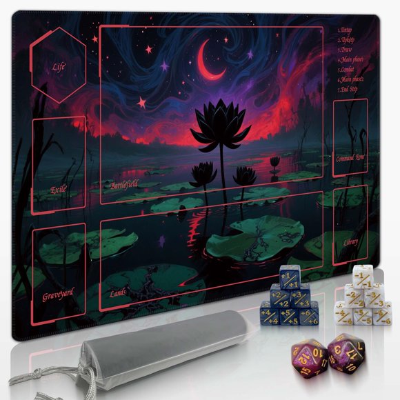 Playmat Extalas MTG TCG con bolsa de almacenamiento y 14 dados en forma de flor de loto