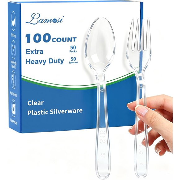 Lamosi 100 Count Extra Heavy Duty Clear Plastic Forks and Spoons