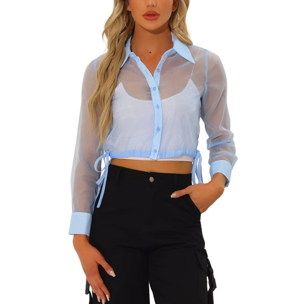 INSPIRE CHIC Camisa de Mujer con Botones al Frente, Cuello en Punta, Malla Transparente, Mangas Largas, Talla S, Azul Claro