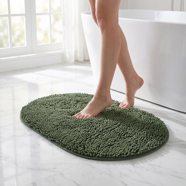 REGALWOVEN Alfombra de Baño Ovalada de Felpa, Suave Antideslizante Lavable Absorbente, Alfombra de Secado Rápido con Respaldo de Goma para Piso de Ducha Verde 16" x 24"