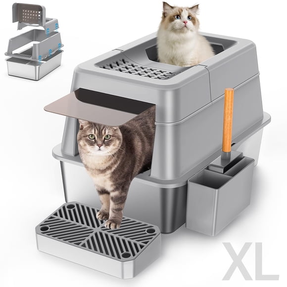 Caja de arena de acero inoxidable Aphyxen XL para grandes felinos con tapa