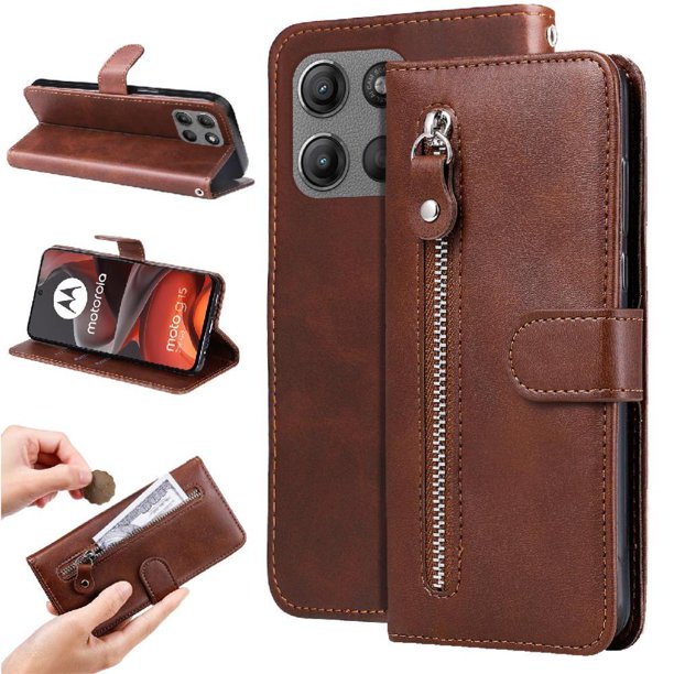 Funda tipo cartera para Motorola Moto G15 con bolsillo con cremallera y ranuras para tarjetas – Función de soporte Marrón