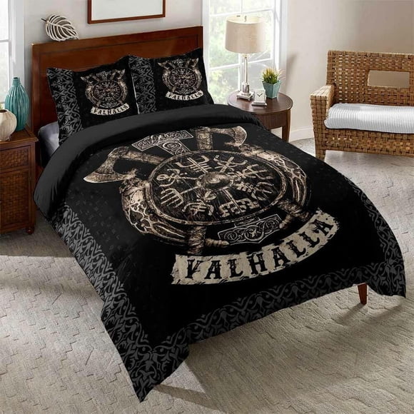 Norse Vi Axe Rune Vegvisir Compass Quilt Duvet Cover Set Kids Soft Bedspread3-Piece Bedding Set