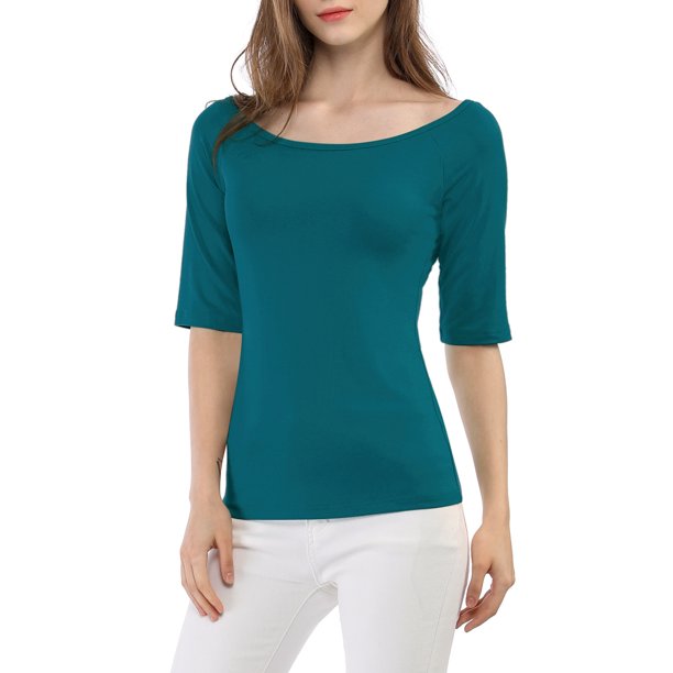 INSPIRE CHIC Camisetas de Mujer para Regreso a Clases con Cuello de Barco, Mangas Medias, Ajustadas, para Capas, Camiseta Suave Talla S Azul Verde