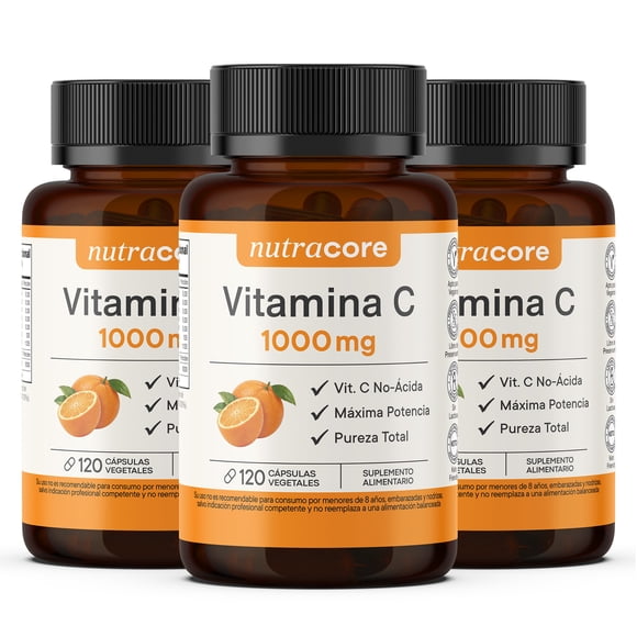 Vitamina C 1000 mg No-Ácida Pura - Pack 3x120 Cápsulas Vegetales | NutraCore