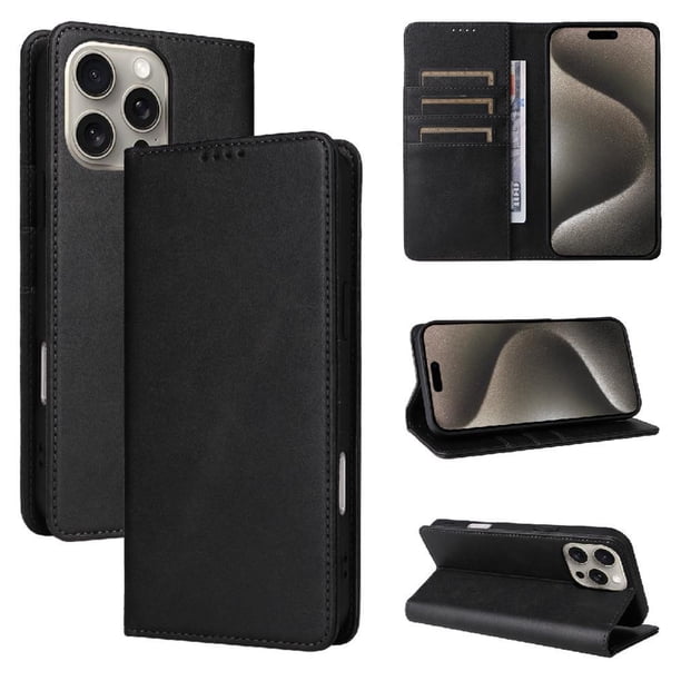 Funda Cartera para iPhone 15 Pro Max con Ranuras Tarjetas y Soporte - Protección Completa Negro