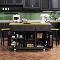 M&Ms - K&K 53Inch Large Kitchen Island With Drop Leaf, Power Outlet, Door Internal Storage Rack, Rolling Kitchen Cart On 5 Wheels With 5 Open Side Racks For Kitchen, Dining Room,Black(Not Include Bar Stools)