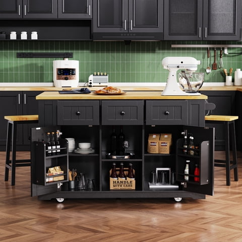 M&Ms - K&K 53Inch Large Kitchen Island With Drop Leaf, Power Outlet, Door Internal Storage Rack, Rolling Kitchen Cart On 5 Wheels With 5 Open Side Racks For Kitchen, Dining Room,Black(Not Include Bar Stools)