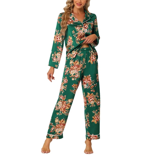 INSPIRE CHIC Conjunto de Pijama de Satén Floral para Mujer, Manga Larga, Abotonado, con Solapa Muescada para Otoño Invierno S Verde