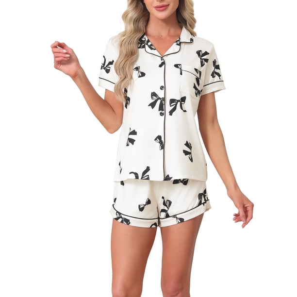 INSPIRE CHIC Conjuntos de Pijamas para Mujer Mangas Cortas Estampado de Lazo Bonito Suave Cómodo Parte Superior Abotonada y Pantalones Cortos 2 Piezas L Blanco