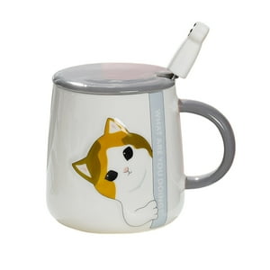 El Eden - Tazón, Mug Con Diseños De Gatos, Incluye Tapa Y Cuchara Oreja Verde
