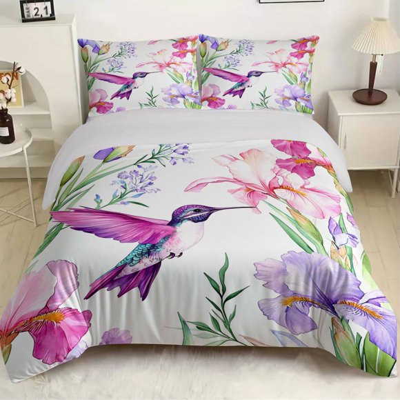 Hummingbird And Floral Print Bedding Includes One Duvet Cover And Two Pillowcases Without Filling for Bedroom Hotel Guesthouse And Dormitory Use