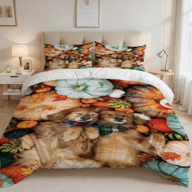 Golden Retriever Autumn Pumpkin Print Polyester Bedding Set All-Season Use