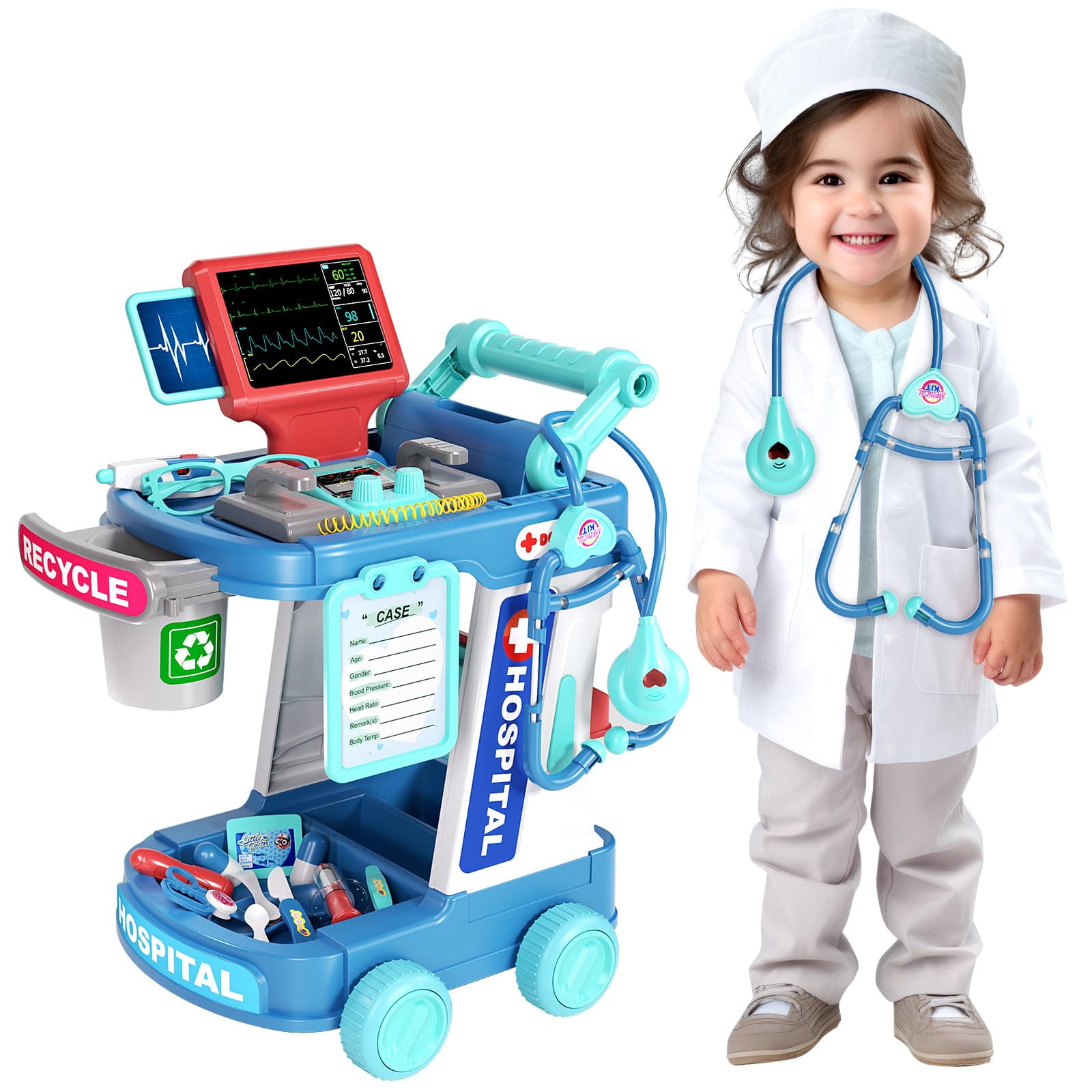 Set De Juego Doctor Kit Jovow Pretend Con Carrito Y Estetoscopio Para Niños De 3 A 8 Años