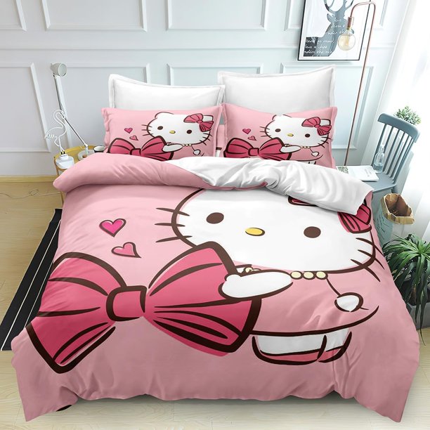 The Anime Quilt Duvet Cover Hello Set Comforter Cover Kitty 3 Pieces Bedding Printed Quilt Cover Set with Pillow Cases Easy Care and Soft Hand Feel Full