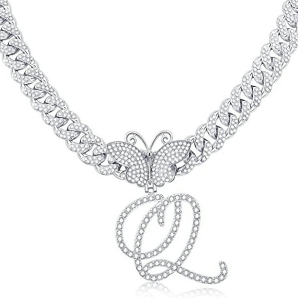 Stylish Hip Hop Cuban Butterfly Necklace with White Letter Initials