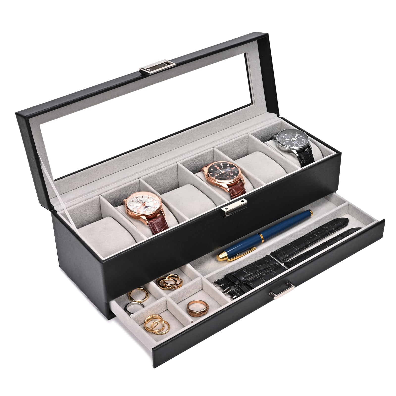 Watch Box Procase Con 6 Ranuras Y Cajón Para Hombre Y Mujer, Color Negro