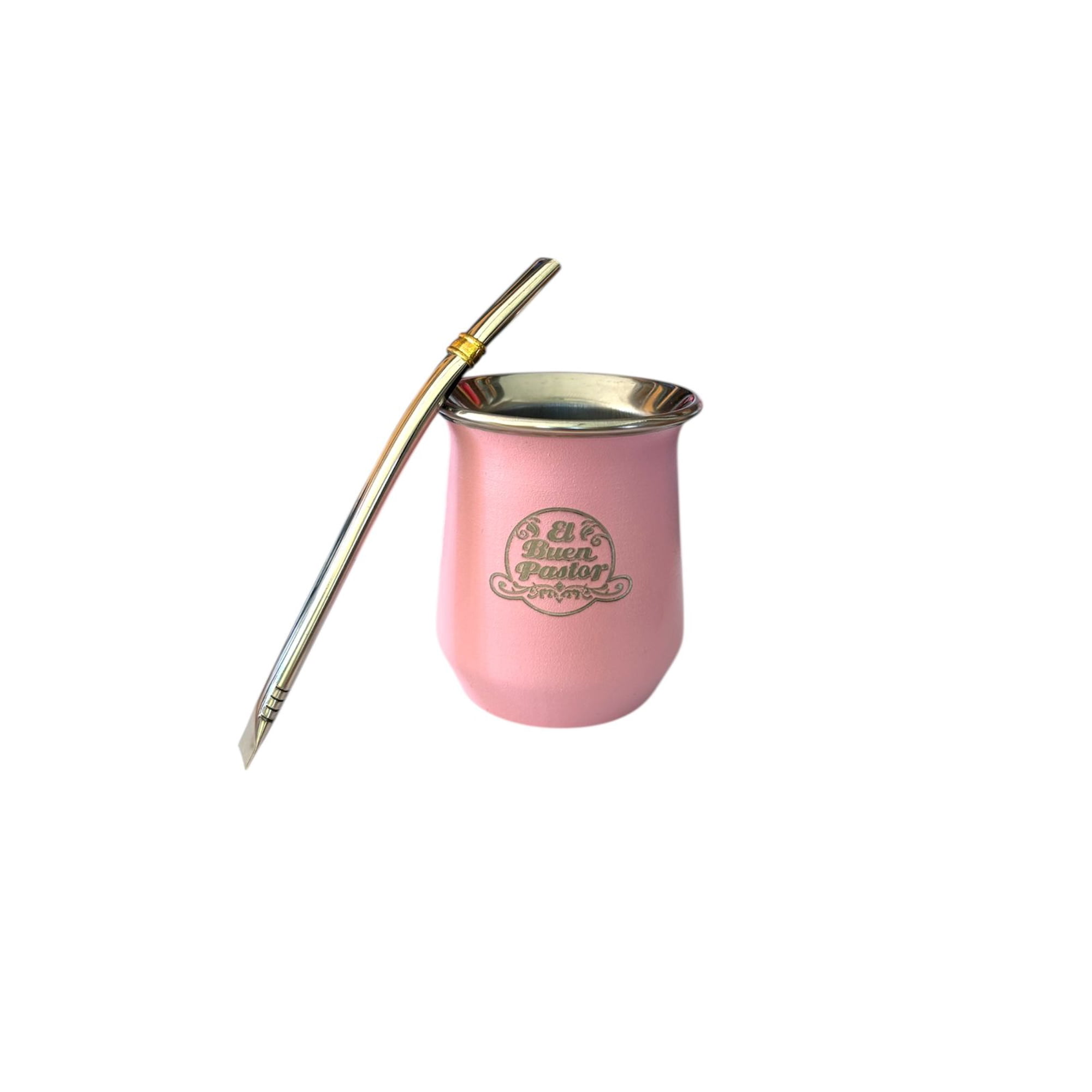 Mate Acero Inoxidable Rosado Con Bombilla El Buen Pastor