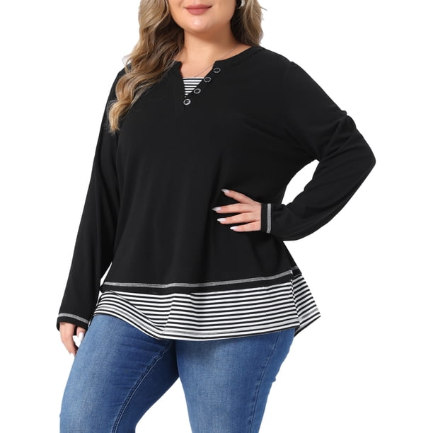 Agnes Orinda Conjuntos de Halloween para Mujeres Tallas Grandes Blusa Casual de Manga Larga con Detalle de Botón, Cuello Henley a Rayas en Capas, Bloque de Color, Talla 3X Negro