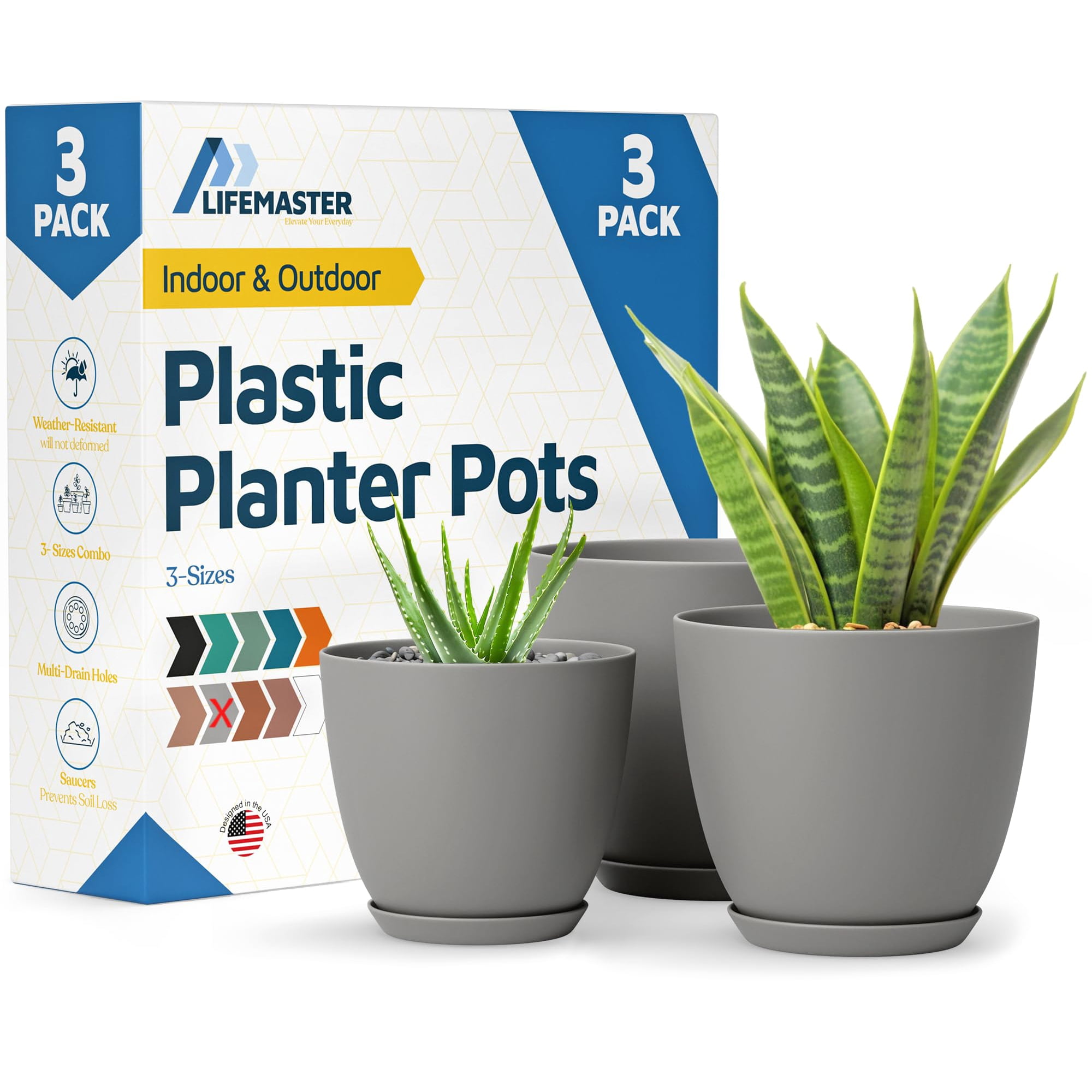 Macetas Lifemaster De 3 Piezas, Gris, Apilables Y Resistentes