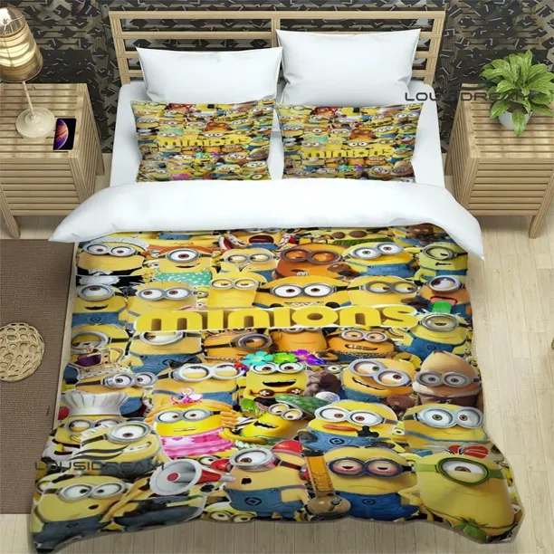v1495 Bed Sheets Cartoon M-Minions printed Bedding Sets exquisite bed supplies set duvet cover comforter set bedding set luxury Birthday Gift 3-Piece Bedding Set (1 Duvet Cover + 2 Pillow Shams) Bed S