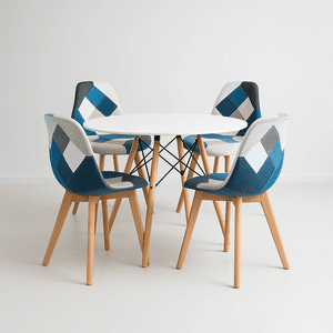 Klik Muebles - Comedor Mesa Redonda Blanca 100Cm + 4 Sillas Eames Patchwork Tela Wood Celeste