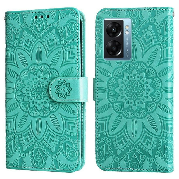 Funda tipo cartera FOXDOCK para OPPO A77 5G , diseño girasol en relieve, cuero PU, cierre magnético, soporte y tarjetero