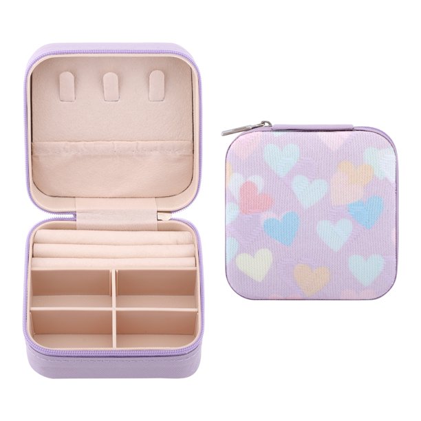 Caja de Joyas Cuadrada REGALWOVEN para Mujeres, Organizador de Joyas de Cuero PU con Patrón de Corazón con Cremallera, Diseño de Capa Única en Color Púrpura Claro