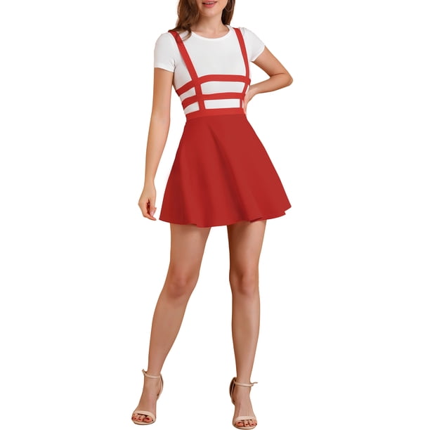 INSPIRE CHIC Faldas de Mujer Regreso a Clases Plisada General Gótica Elástica de Cintura Alta Línea A Kawaii Falda con Tirantes Roja XS