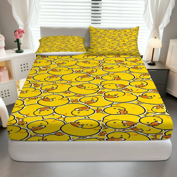 Cute Yellow Duck Fitted Sheet Three Piece Set Soft Breathable Mattress Protector, Home Decor Theme, Fun Bedroom Bedding